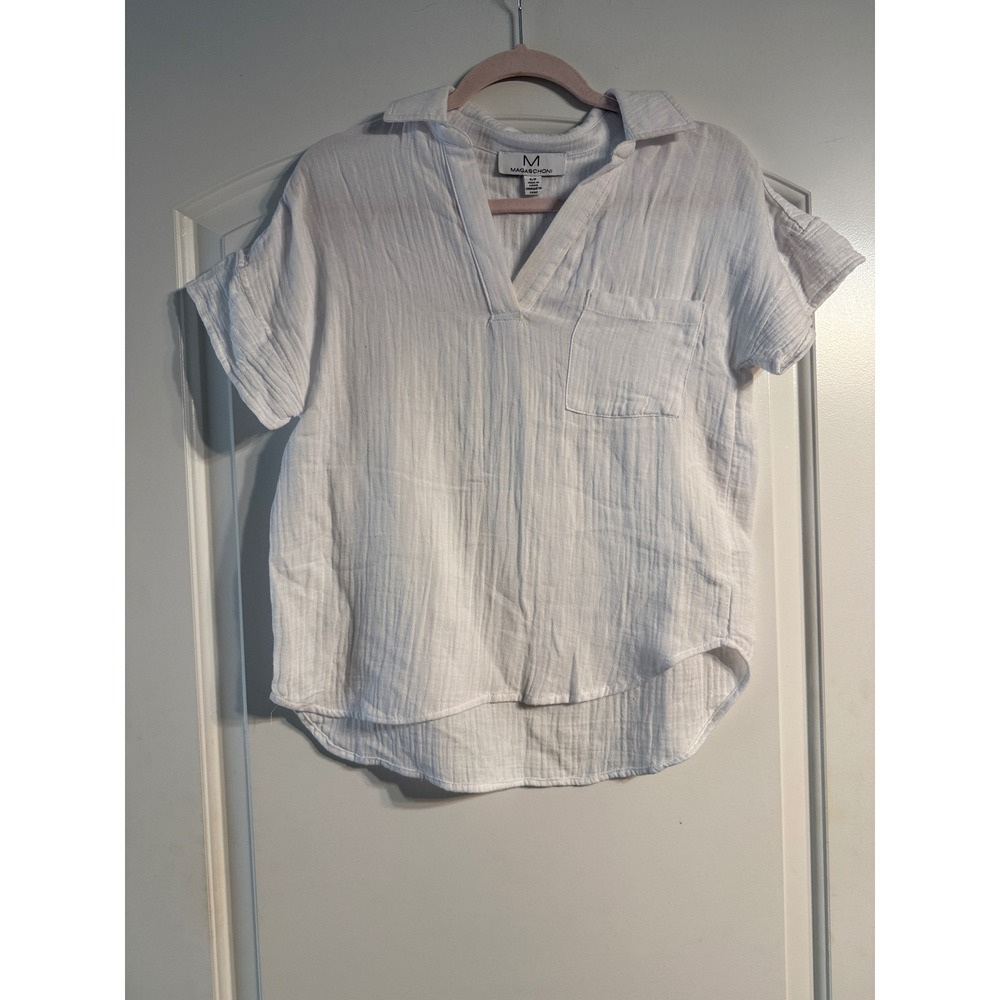 Magaschoni Gauze Top Small White Short Sleeve V-Neck Pocket Minimalist Boho Chic